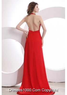 Sexy Low Back Halter Red Chiffon Prom Dress with Brush Train