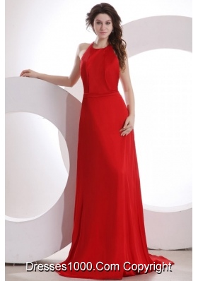 Sexy Low Back Halter Red Chiffon Prom Dress with Brush Train