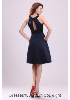 Simple Navy Blue Halter Knee-length Taffeta Prom Cocktail Dress