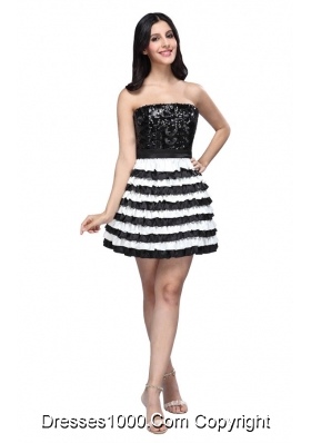 Sequin Strapless Layers Black and White Dress for Prom Court