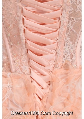 Unique High-low Sweetheart Lace-up Peach Prom Dress with Feather