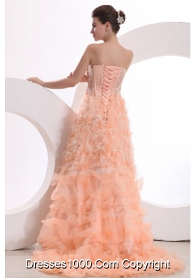 Unique High-low Sweetheart Lace-up Peach Prom Dress with Feather