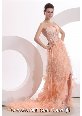 Unique High-low Sweetheart Lace-up Peach Prom Dress with Feather