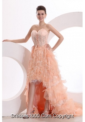 Unique High-low Sweetheart Lace-up Peach Prom Dress with Feather