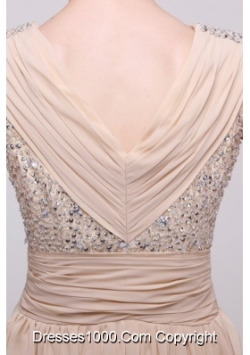 Low Price Beading V-neck Chiffon Prom Dress for 2014 Spring