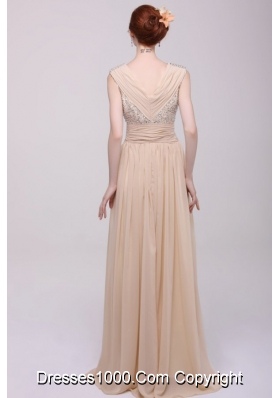 Low Price Beading V-neck Chiffon Prom Dress for 2014 Spring