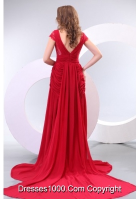 Low Cost V-neck Watteau Train Short Sleeves Red Formal Prom Gown