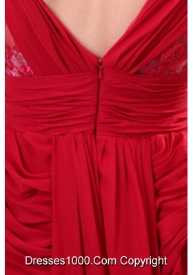 Low Cost V-neck Watteau Train Short Sleeves Red Formal Prom Gown