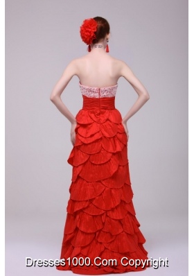 Red Sweetheart Prom Dresses with Beading and Ruffled Layers