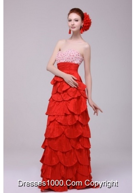 Red Sweetheart Prom Dresses with Beading and Ruffled Layers