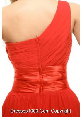 One Shoulder Ruches Beading Red Chiffon Prom Party Dress