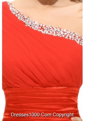 One Shoulder Ruches Beading Red Chiffon Prom Party Dress