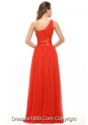 One Shoulder Ruches Beading Red Chiffon Prom Party Dress