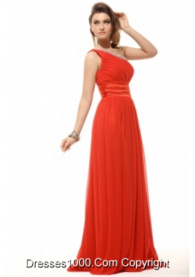 One Shoulder Ruches Beading Red Chiffon Prom Party Dress