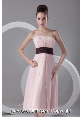 Pink Strapless Tea-length Chiffon Prom Holiday Dress with Belt