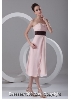 Pink Strapless Tea-length Chiffon Prom Holiday Dress with Belt