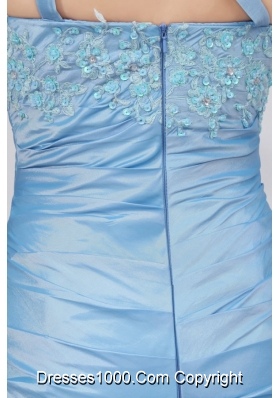 Blue One Shoulder Appliques Prom Dresses with Sweep Train