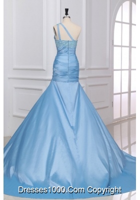 Blue One Shoulder Appliques Prom Dresses with Sweep Train