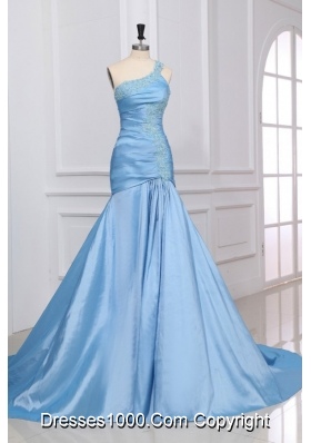 Blue One Shoulder Appliques Prom Dresses with Sweep Train