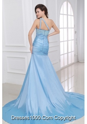 Blue One Shoulder Appliques Prom Dresses with Sweep Train