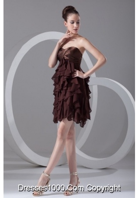 Brown Sweetheart Ruffled Chiffon A-line Prom Evening Dress