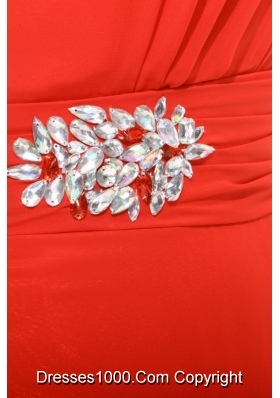 Single Sleeves Beading Red Prom Attire with Asymmetrical Hem