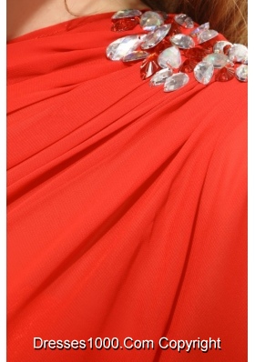 Single Sleeves Beading Red Prom Attire with Asymmetrical Hem