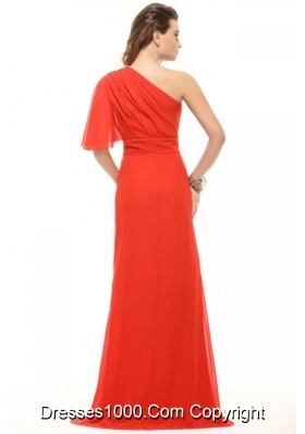 Single Sleeves Beading Red Prom Attire with Asymmetrical Hem