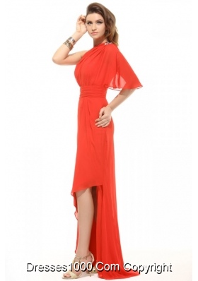 Single Sleeves Beading Red Prom Attire with Asymmetrical Hem