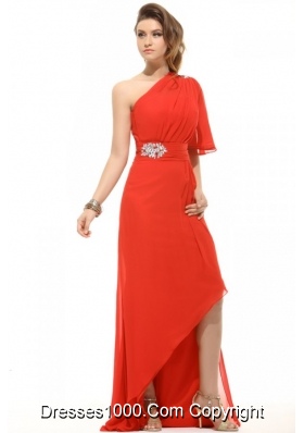 Single Sleeves Beading Red Prom Attire with Asymmetrical Hem