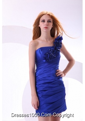 Ruched Flowers Blue Short JS Prom Dress with One Shoulder