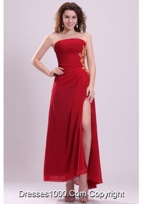 Appliques High Slit Red Strapless Chiffon Dress for Prom Night