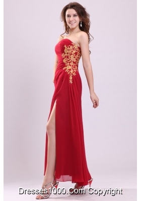 Appliques High Slit Red Strapless Chiffon Dress for Prom Night
