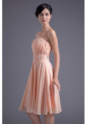 Ruched Strapless Beaded Knee-length Chiffon Soft Prom Gown