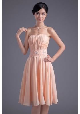 Ruched Strapless Beaded Knee-length Chiffon Soft Prom Gown