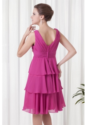 Layers V Neck Flowers Fuchsia Short Prom Nightclub Gowns