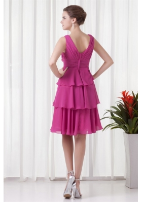 Layers V Neck Flowers Fuchsia Short Prom Nightclub Gowns