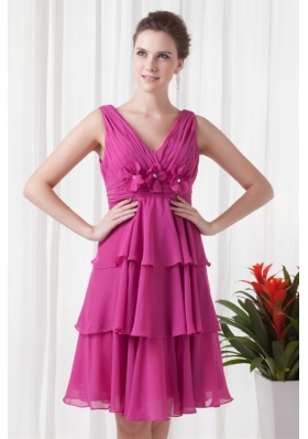 Layers V Neck Flowers Fuchsia Short Prom Nightclub Gowns