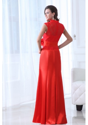 High Neck Lace Flowers Floor Length Red Dresses for JS Prom