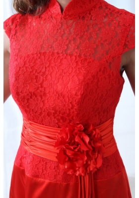 High Neck Lace Flowers Floor Length Red Dresses for JS Prom