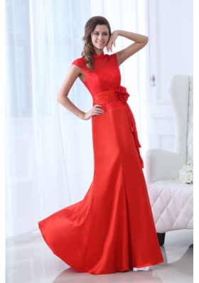 High Neck Lace Flowers Floor Length Red Dresses for JS Prom