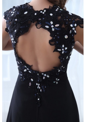 Deep V Neck Appliques Cool Back Black Dress for Prom Queen