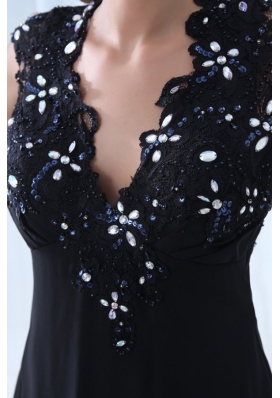 Deep V Neck Appliques Cool Back Black Dress for Prom Queen