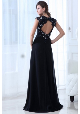 Deep V Neck Appliques Cool Back Black Dress for Prom Queen