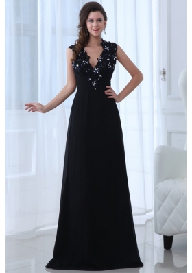 Deep V Neck Appliques Cool Back Black Dress for Prom Queen