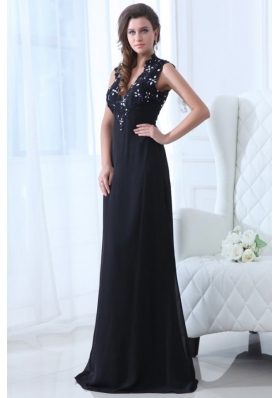 Deep V Neck Appliques Cool Back Black Dress for Prom Queen