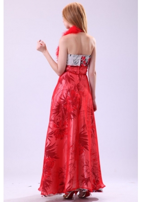 Printed Halter Top Feather Red and White Prom Dress in Empire