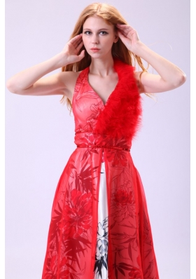 Printed Halter Top Feather Red and White Prom Dress in Empire