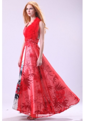 Printed Halter Top Feather Red and White Prom Dress in Empire