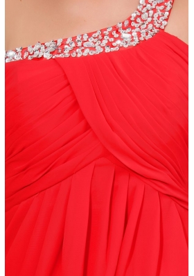 Chiffon One Shoulder Beads Backless Red Prom Holiday Dress